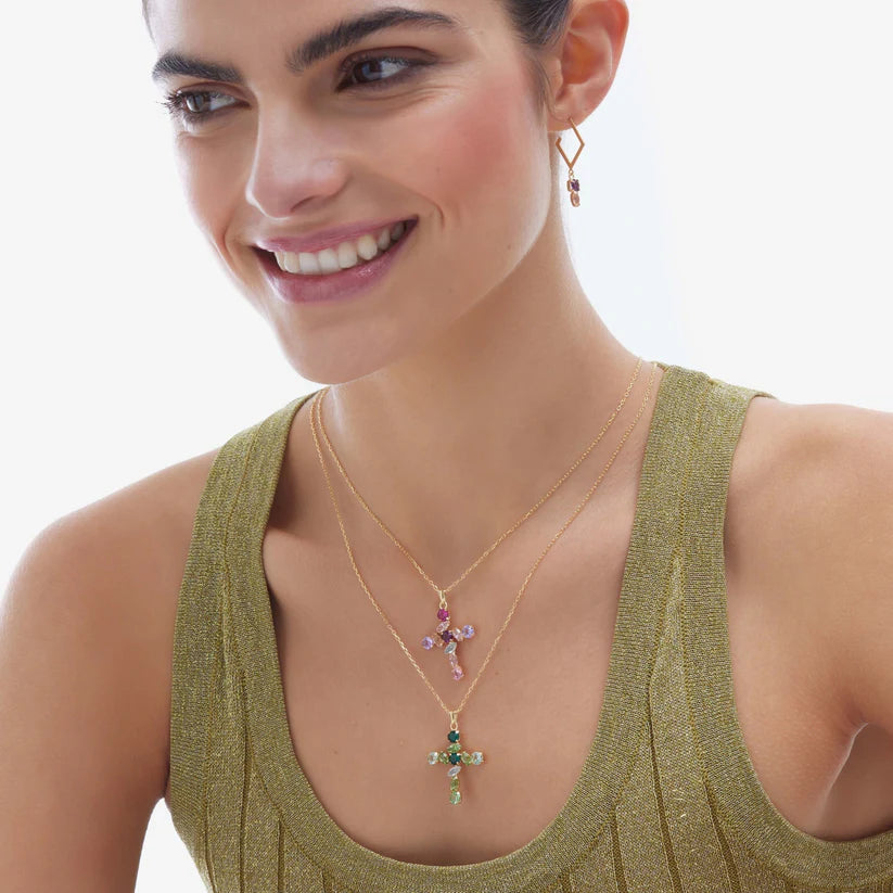 Short crystal cross necklace in Paris Gold plated Silver