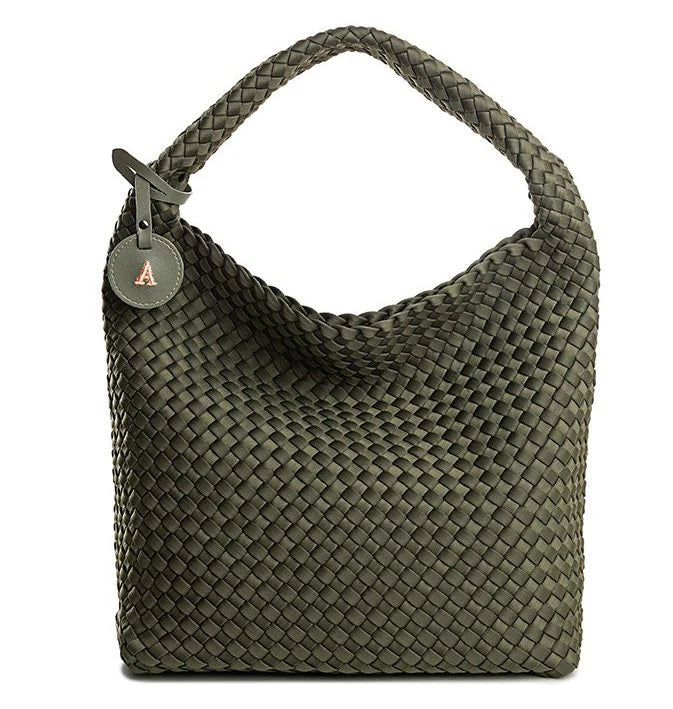 London X. Bolso saco de neopreno trenzado kaki.