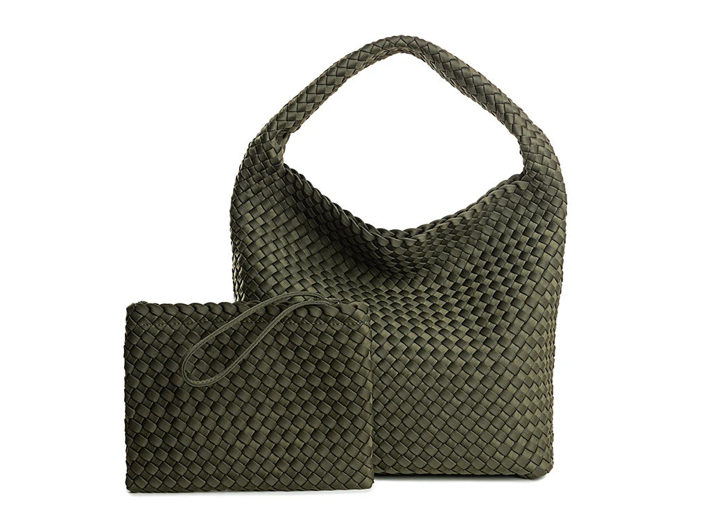 London X. Bolso saco de neopreno trenzado kaki.