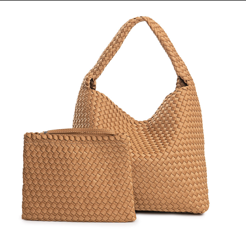 London X. Bolso saco de neopreno trenzado tostado