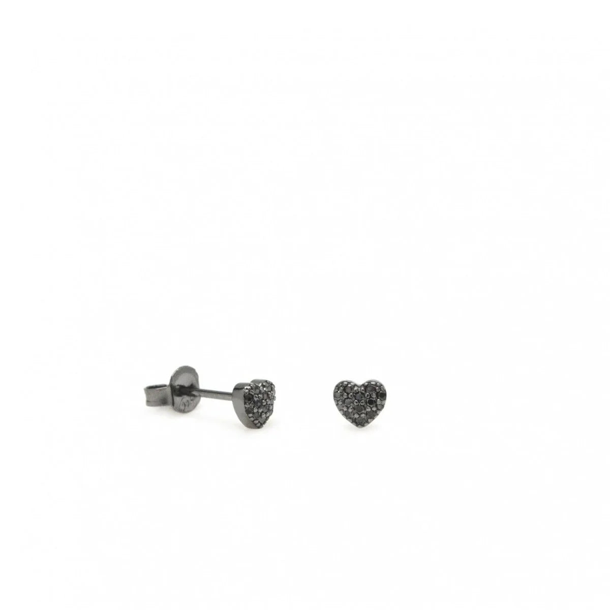 Small shiny earrings with ruthenium plating, heart motif and zircons