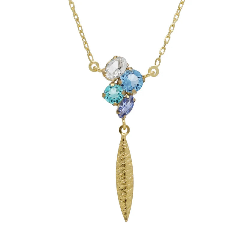 Short blue crystal leaf necklace in Lisbon Silver 
