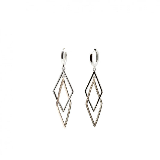 Long two-tone silver earrings with a rhombus design