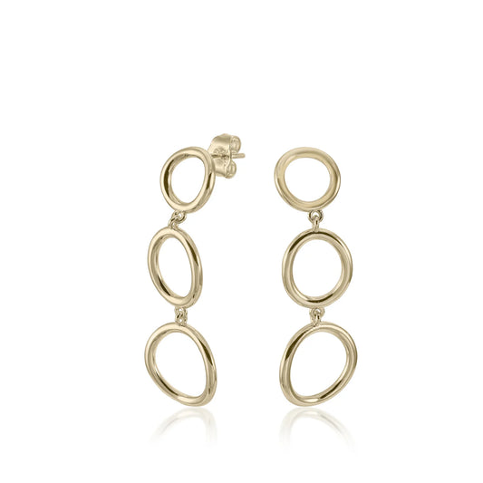 Long gold plated silver earrings with circular design