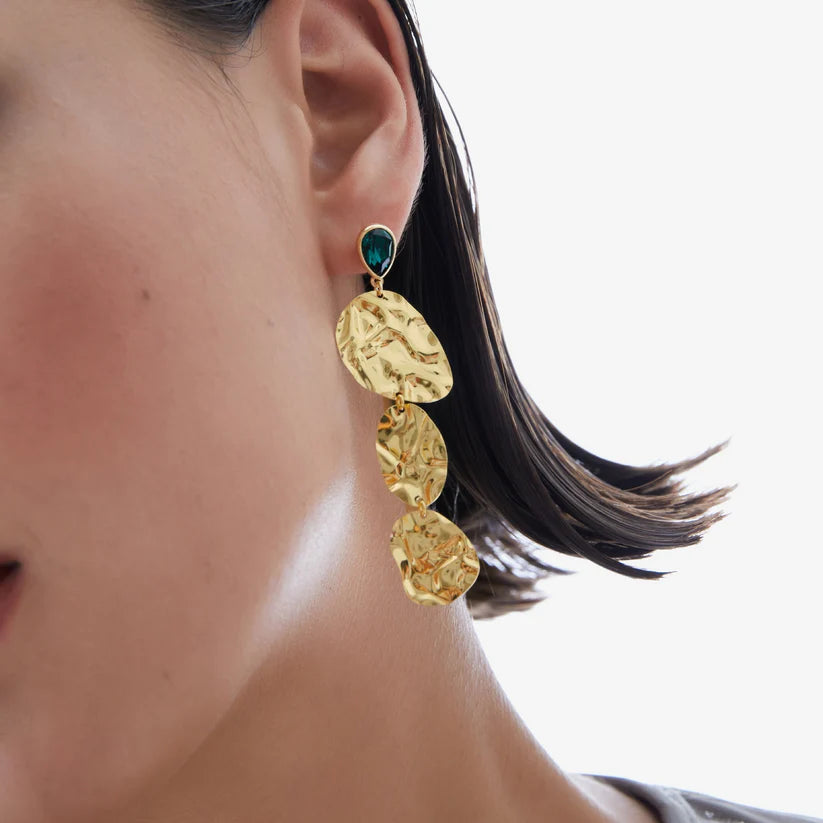 Long green crystal earrings in gold plated silver by Fullness 