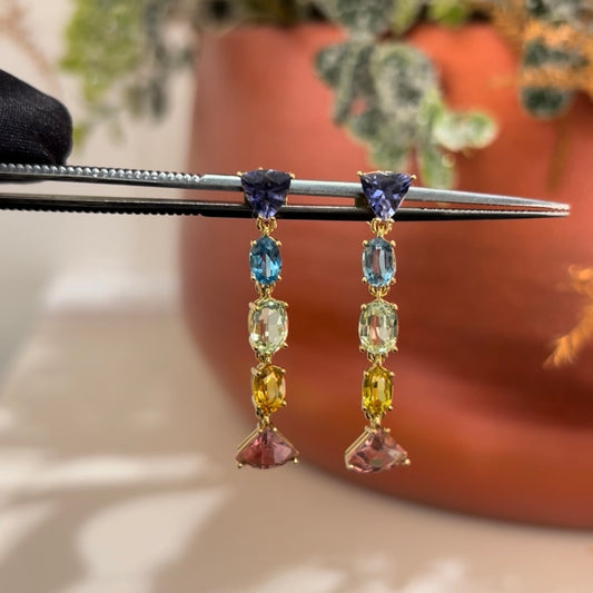 Pendientes Oro amarillo 18 ktes turmalinas Rosa iolita topacio azul y citrino
