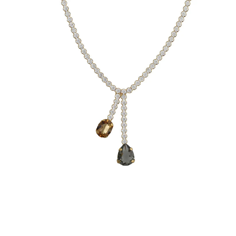 Long champagne crystal waterfall necklace in Clarity Gold Plated Silver 
