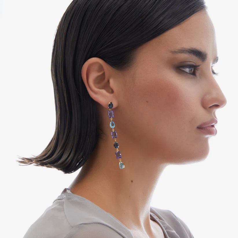 Long purple crystal waterfall earrings in Balance Silver