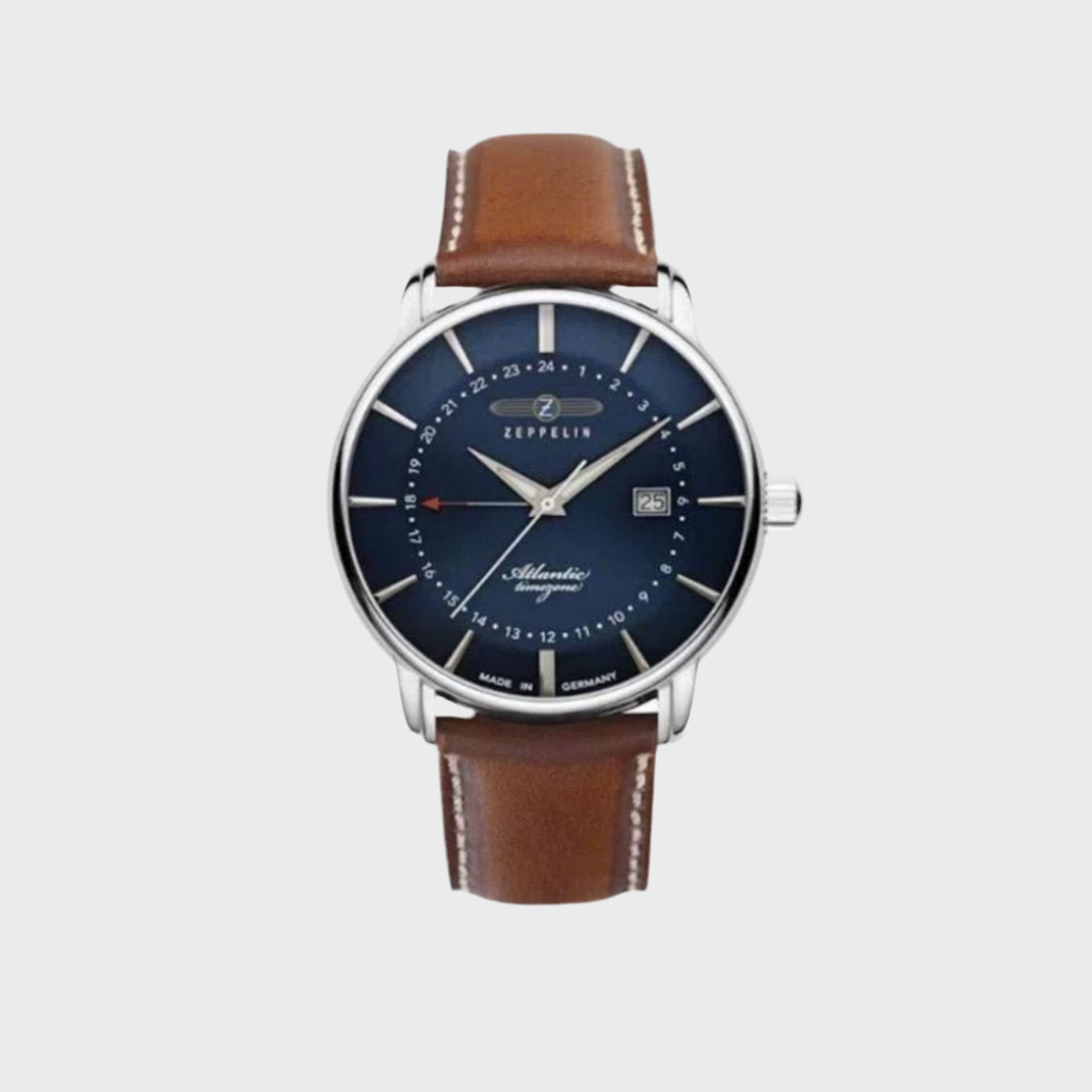 Zeppelin Atlantic Quartz Watch, Blue, 41 mm, Day, Leather Strap, 8442-3