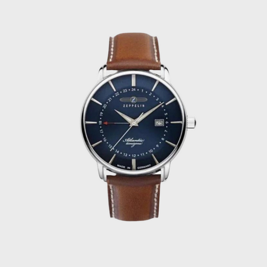 Zeppelin Atlantic Quartz Watch, Blue, 41 mm, Day, Leather Strap, 8442-3