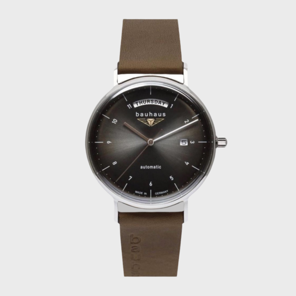 Bauhaus Classic Automatic Day-Date Watch (41mm), Anthracite Dial / Brown Leather Strap 