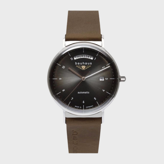 Bauhaus Classic Automatic Day-Date Watch (41mm), Anthracite Dial / Brown Leather Strap 