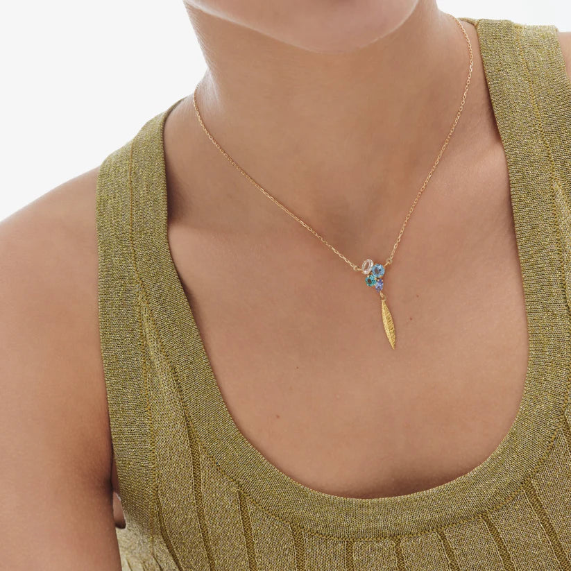 Short blue crystal leaf necklace in Lisbon Silver 