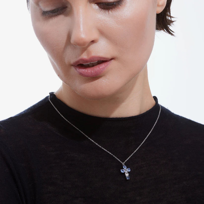 Long blue crystal cross necklace in rhodium plated silver by Illume 