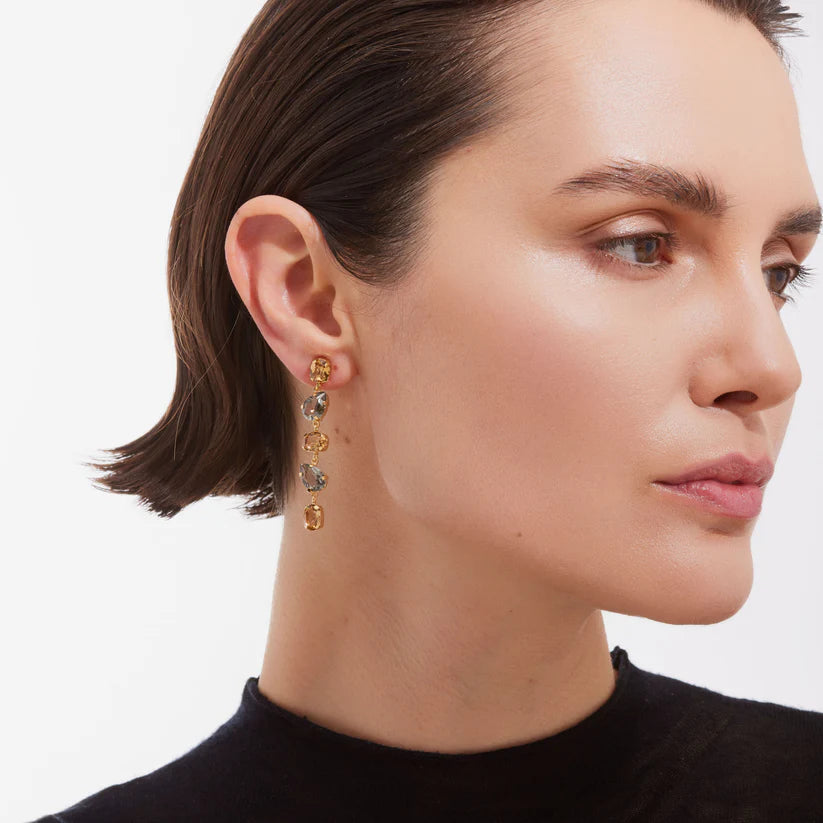 Long champagne crystal earrings in Clarity Gold Plated Silver 
