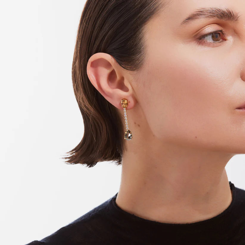 Long champagne crystal waterfall earrings in Clarity Gold Plated Silver 