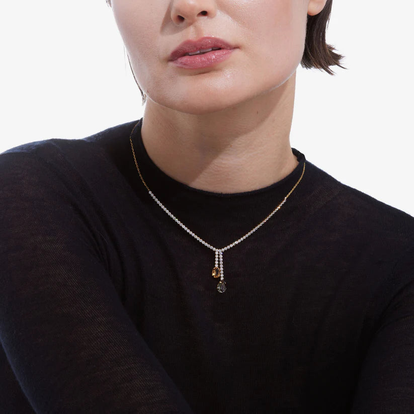 Long champagne crystal waterfall necklace in Clarity Gold Plated Silver 