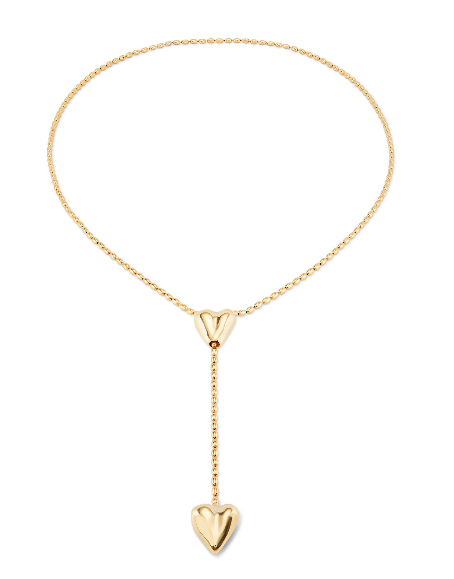 Cadena bañada en oro 18k con dos corazones, uno ajustable en el centro.
