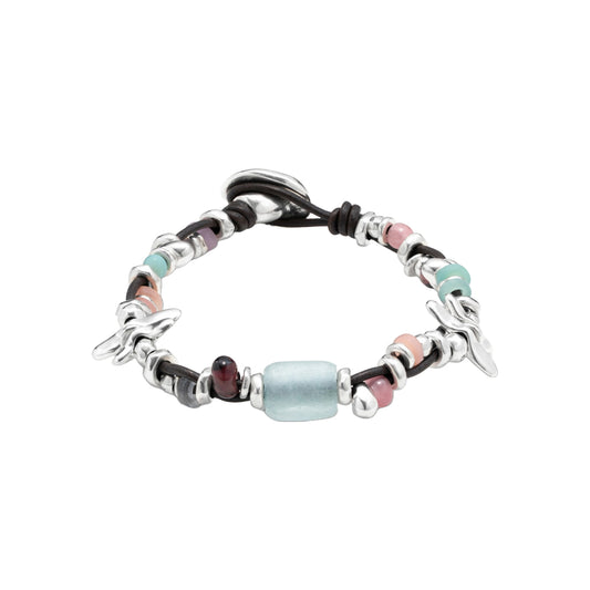 Sterling silver plated leather bracelet with multicoloured crystals
