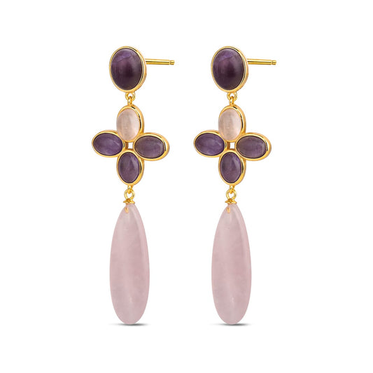 PENDIENTES «LAVIDA» EN PLATA DE LEY CHPADOS EN ORO Y PIEDRA NATURAL CUARZO ROSA