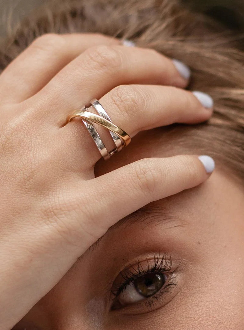 Wide silver rings with two-tone hugging design