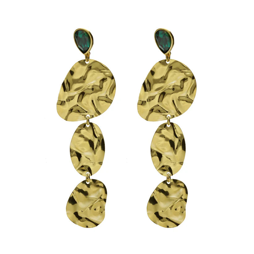 Long green crystal earrings in gold plated silver by Fullness 