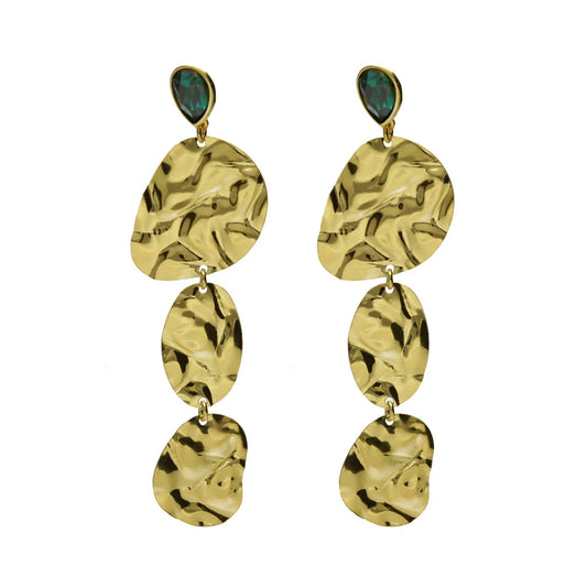 Long green crystal earrings in gold plated silver by Fullness 