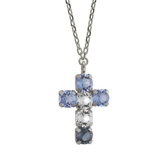 Collar llarg creu vidre blau a Plata baño Rodio de Illume