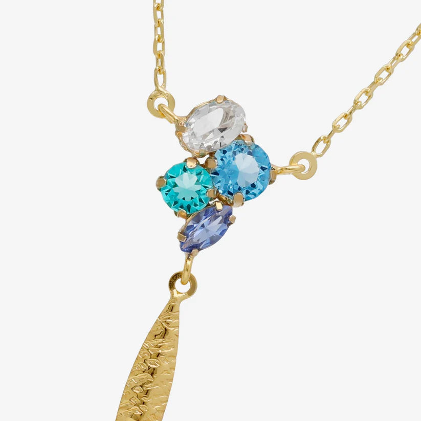 Short blue crystal leaf necklace in Lisbon Silver 