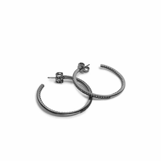 Medium double rail hoop earrings with black zirconia, square design and ruthenium plating