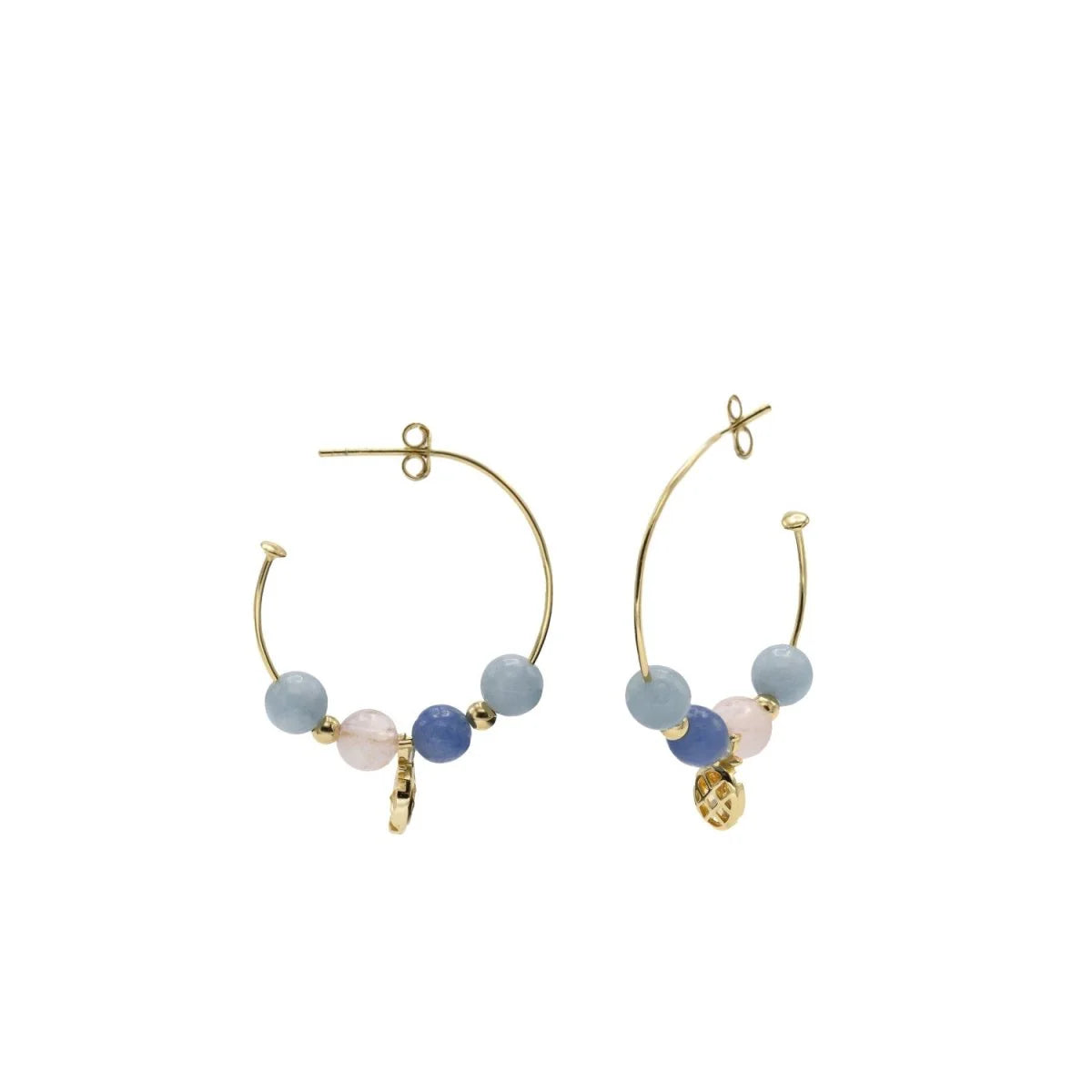 Hoop earrings with pineapple charm design and blue balls