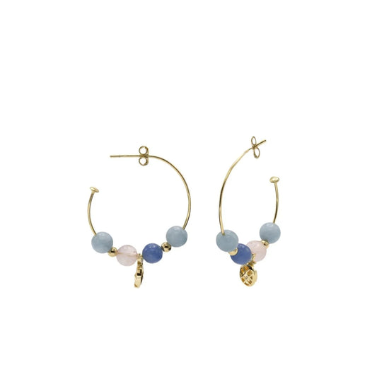 Hoop earrings with pineapple charm design and blue balls