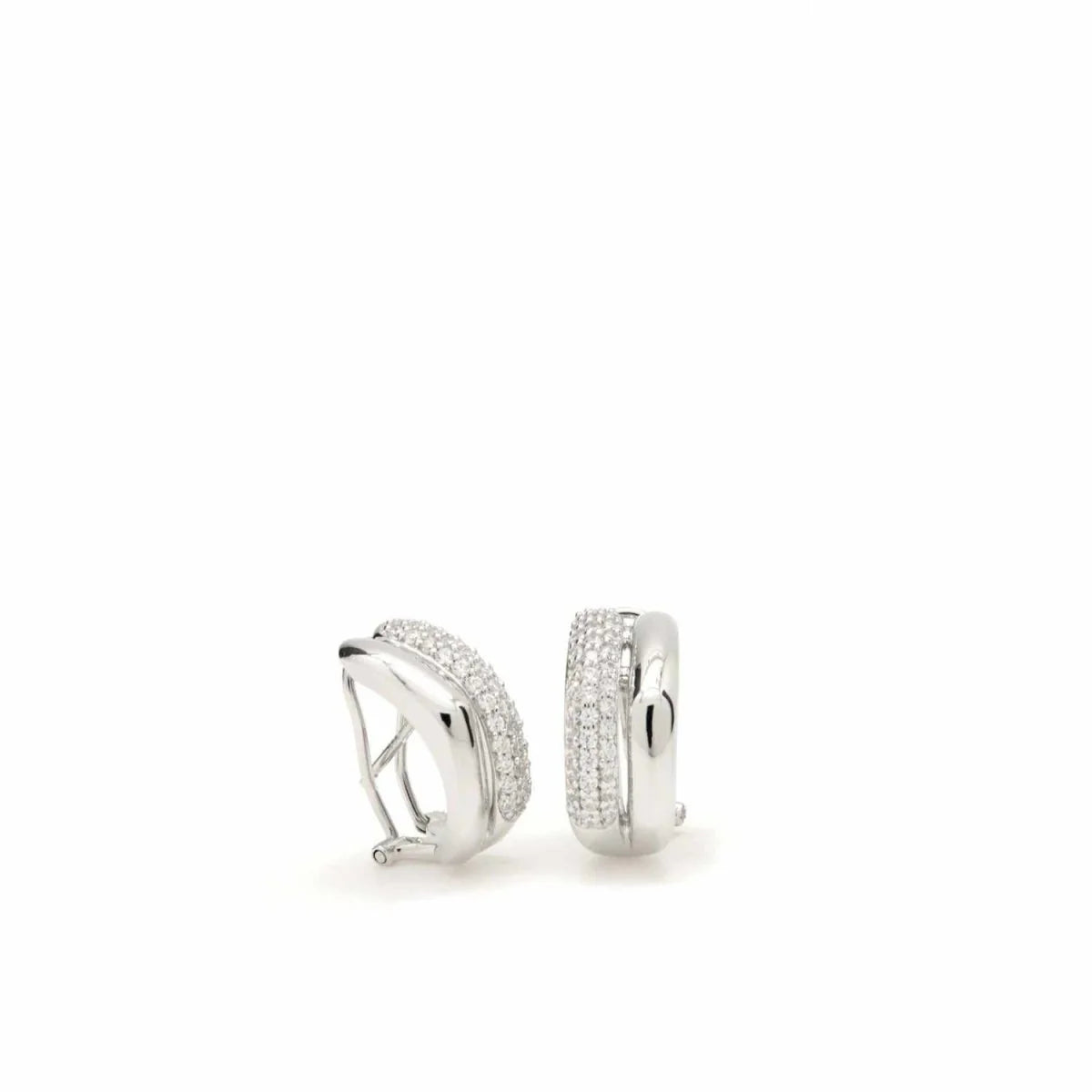 Omega clasp earrings with two-lane design and zirconia